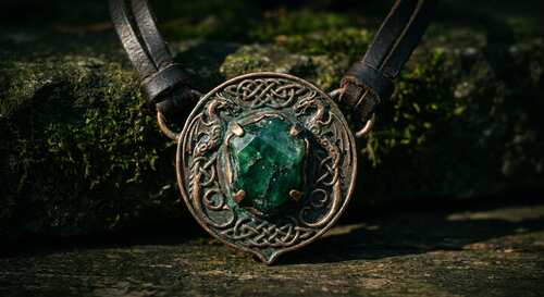 Bronzenes Amulett mit grünem Stein auf dunklem Leder